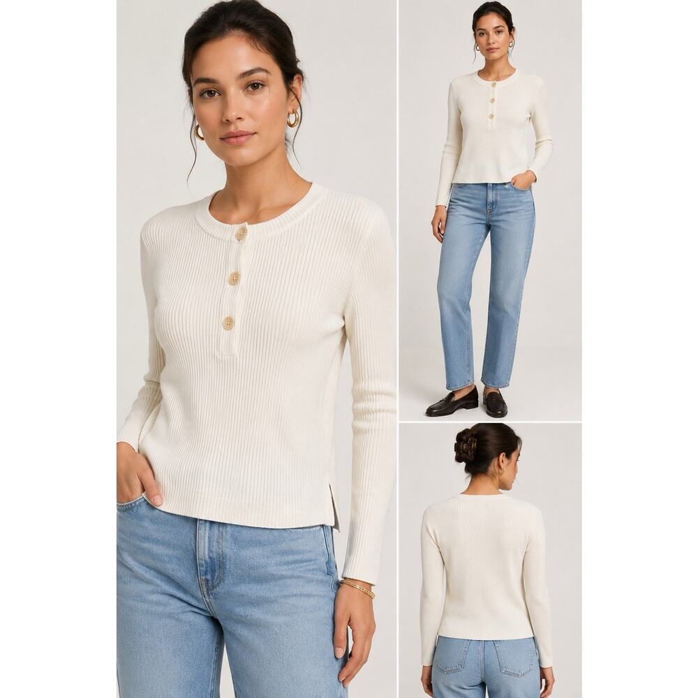 Club Monaco Henley Ottoman Top Size S Long Sleeve Crew Neck Ecru Coastal Soft - Picture 2 of 12